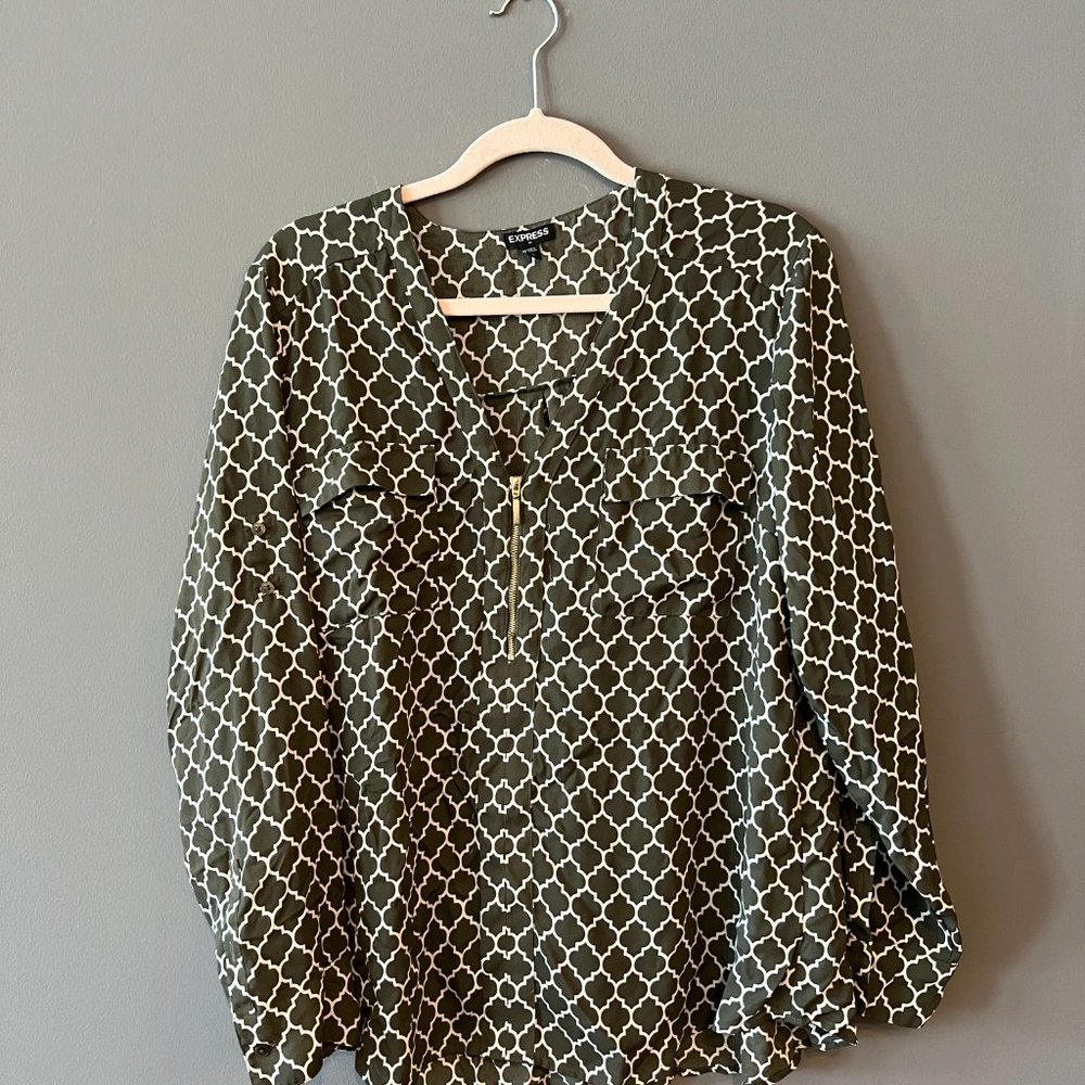 Stylish Olive Green V-Neck Express Blouse (Size XL)